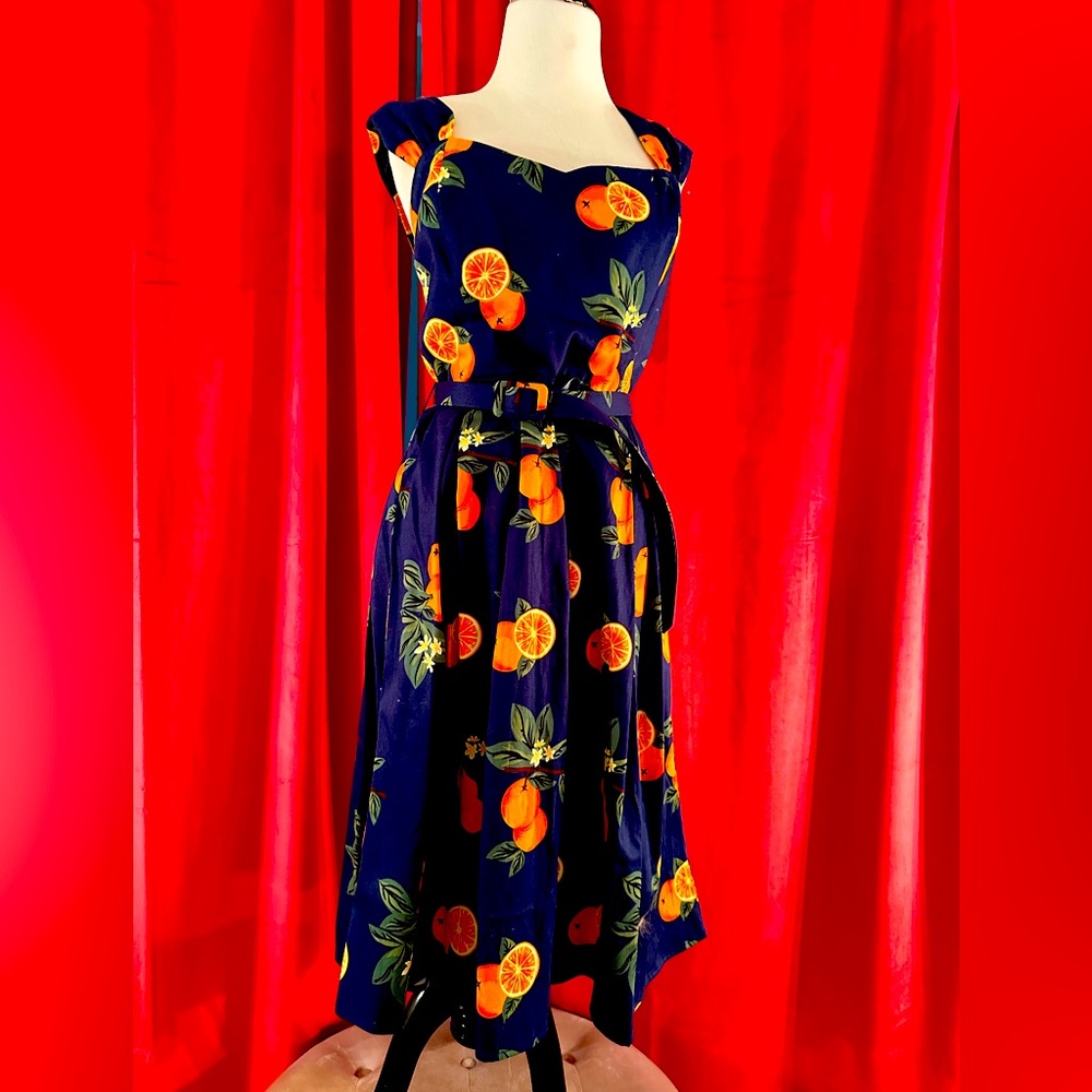 Collectif navy and orange retro dress Size L